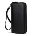 Cartera larga de cuero genuino negro para hombre, doble cremallera y correa de muñeca. - 1008 - Cuero liso negro