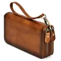 Cartera larga de cuero vintage para hombre con doble cremallera y correa de muñeca. - 1008 - Marrón bruñido