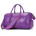 Men's purple genuine leather travel duffel bag with shoulder strap and side shoe compartment. - 9422-Purple