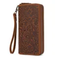 Cartera larga de cuero genuino vintage para hombre con doble cremallera y correa de mano. - 1008 - Diseño en relieve