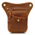Dettaglio borsa da gamba in vera pelle vintage con tasche multiple e chiusure lampo resistenti. - 9471-Marrone