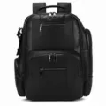 Detailed front view of black leather backpack with multiple zip pockets and metal hardware. - 9517 / 9517-Black