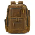 Close-up detail of the vintage leather backpack showing multiple compartments and durable zippers. - 9516 / 9516-Brown