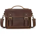 Vintage brown leather messenger bag with top handle and double buckle straps for daily use. - 9505 - Brown