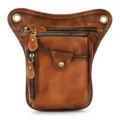 Vista dettagliata della borsa da gamba in pelle vintage, marsupio tattico da uomo con zip. - 9471-Marrone giallastro brunito