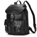 Black leather backpack for men and women, vintage casual travel daypack with front pockets. - 41cm / Black