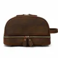 Vintage genuine leather toiletry bag double layer men cosmetic pouch in dark brown color. - Laser Engraving / Dark Brown