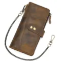 Vintage leather long wallet for men with metal chain multi card slots brown genuine leather - Khaki
