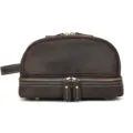 Vintage genuine leather toiletry bag, brown men's double layer cosmetic bag, retro pouch. - Dark Brown