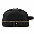 Men's black genuine leather double layer toiletry bag cosmetic pouch with metal zippers. - Laser Engraving / Black