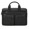 Classic black leather men business briefcase with top handles and front zipper pockets. - 3318 / Black