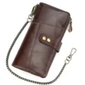 Vintage genuine leather long wallet for men with metal chain and multiple card slots design. - Coffee