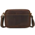 Close-up detail of retro men's brown crazy horse leather shoulder crossbody bag texture - 9504 / Coffee