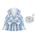 Blue plaid pet harness and leash set with cute bow and pleated skirt for dogs and cats. - Blue Sky White Clouds