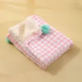 Cozy pink plaid pet blanket with sherpa lining and cute pom-poms for dogs and cats. - Red