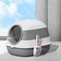 Arenero cerrado plegable para gatos con pala en gris, gran diseño espacioso para mascotas. - Modelo mejorado (con luz de esterilización UV) / Gris