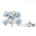 Blauw geruit harnas en riem set met strik voor katten en kleine honden wandelen - S / Lichtblauw