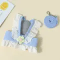 Blauw mesh huisdier tuigje en riem set met witte kantruffels en bloemdecoratie voor katten - XS / Blauw