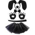 Detailed view of black animal costume set including floppy ears headband, paws gloves, and tutu skirt. - 6-Piece / Black