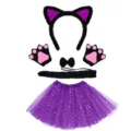 Cute plush cat ears headband and paw gloves tutu skirt cosplay costume set detail display. - Black & Purple Faux Fur 5-Piece Set