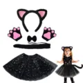 Cute kids black cat costume set featuring plush ear headband, paws, tail and starry tutu skirt. - Black & Pink Faux Fur 5-Piece Set