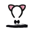 Black cat ear headband bow tie and tail set, cute plush animal costume for cosplay party. - Black & Pink Faux Fur 3-Piece Set