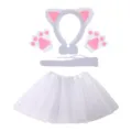 White plush cat ear headband, paw gloves, tail and sequin tutu skirt set for festive costume parties. - White Faux Fur 5-Piece Set
