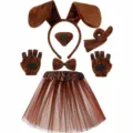 Brown puppy animal costume set detail shot, featuring cute plush ears headband and tutu skirt. - 6-Piece / Coffee