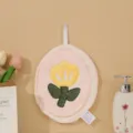 Hanging coral fleece hand towel with cute tulip embroidery, absorbent kitchen dish cloth. - Pink Tulip