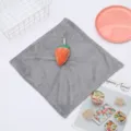 Coral fleece hand towel detail view showing soft grey fabric and cute carrot hanging loop. - Gray