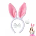 Set cerchietto con orecchie da coniglio in peluche con fiocco e coda per bambini e adulti - Set rosa da 3 pezzi