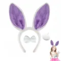 Set cerchietto con orecchie da coniglio in peluche viola con fiocco e coda per feste. - Set da 3 Pezzi Viola