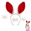 Set cerchietto orecchie da coniglio in peluche per bambini e adulti, costume di Pasqua. - Set da 4 pezzi rosso acceso