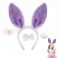 Set cerchietto orecchie da coniglio in peluche viola con farfallina naso e coda per festa - Set da 4 pezzi Viola