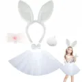 Set cerchietto orecchie di coniglio peluche e gonna tutu per festa Halloween Pasqua travestimento - Accessori Bianchi Cinque Pezzi