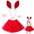 Set costume gonna tutu cerchietto orecchie di coniglio rosso per festa di Halloween - Set da 5 Pezzi Rosso