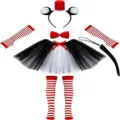 Lolita red white striped cat ear headband cosplay costume set with tutu skirt and stockings. - Red Hat Headband 6-Piece Set