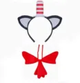 Red white striped cat ear headband bow cosplay costume set party hair accessories cute - Appliqué Striped 2-Piece Set
