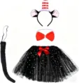 Cosplay costume set featuring red white striped top hat cat ears headband bow tail skirt. - Black Ear Striped 4-Piece Set