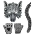 Set de disfraz de lobo de Halloween con máscara cola de peluche y guantes de pata para fiesta - Conjunto de máscara y guantes del lobo feroz de 3 piezas