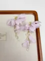 Delicate purple fabric flower earrings with pearl dangles, close-up jewelry detail view. - Purple Flower Tassel Earrings