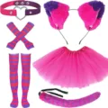 Pink and purple striped cat costume set detail, featuring fluffy ears and tail for cosplay events. - 6-Piece Set