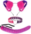 Cute pink and purple cat ear headband choker and plush tail cosplay set for party. - Headband, Tail & Choker