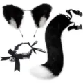 Fluffy black white cat ear headband tail and choker set, perfect for cosplay party costume. - Black Cat 3-Piece Set