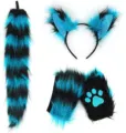 Black and cyan furry cat ear headband, tail and paw gloves costume set for parties. - Blue Sequin 3-Piece Set