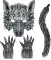 Halloween werewolf costume set featuring a detailed wolf mask, paw gloves and plush tail. - Mask and Wolf Gloves 3-Piece Set