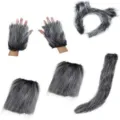 Conjunto de diadema de orejas de lobo de piel sintética gris para fiesta de Halloween - Conjunto de lobo de pelo liso de 4 piezas