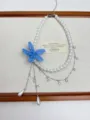 French romantic style blue beaded flower pearl layered clavicle necklace detail view - Blue Flower Necklace