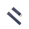 Detailed view of the dark blue leather watch strap with metal connector and magnetic buckle. - Blue - Silver Buckle