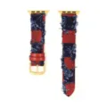 Cinturino per Apple Watch in denim a quadri rossi e blu con bordi sfrangiati e oro. - 42/44/45/49 mm - (46 mm Gen 10/11) / Rosso - fibbia dorata